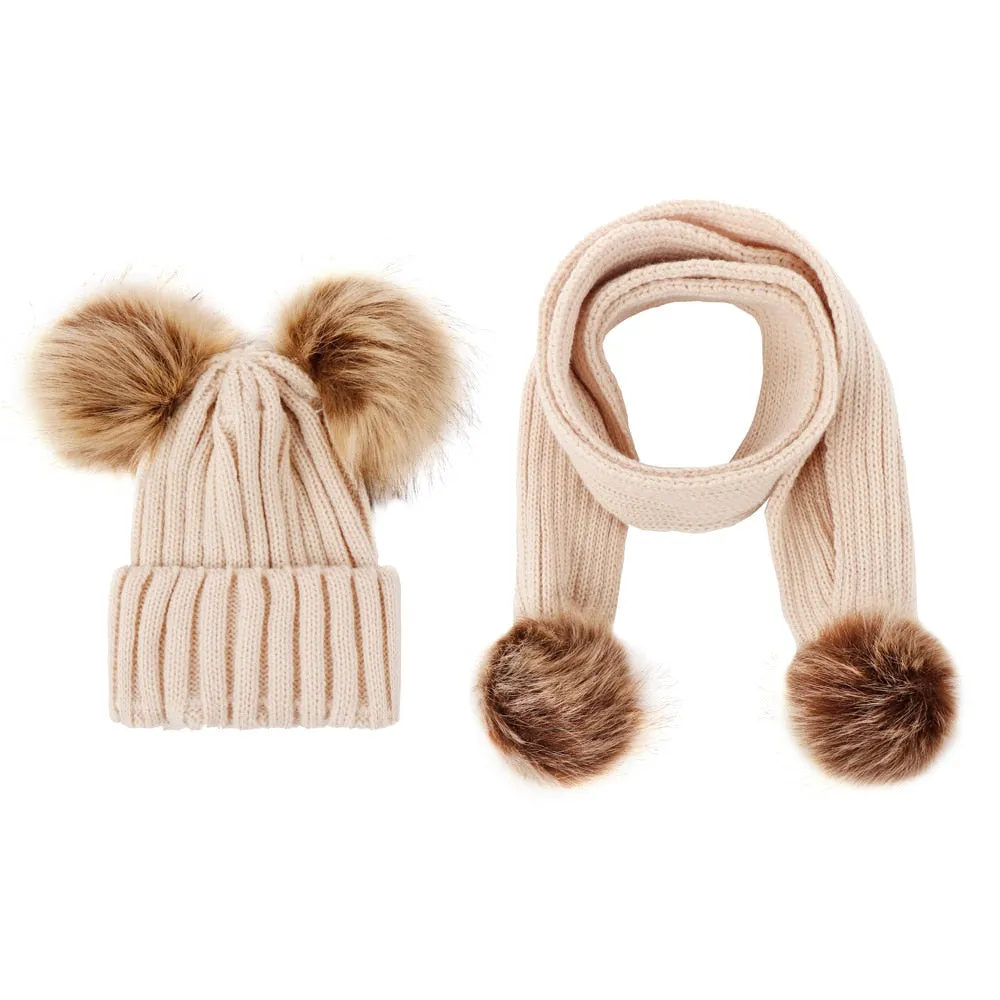 2 Pieces Set Girls Boys Cute Winter Kids Baby Hats Keep Warm Set Children Knit Wool Fur Double Ball Hat Crochet Cap Scarf Set