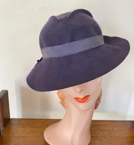 30s Vintage Women's Fedora Hat Slouch Film Noir Dark Blue Stitched Low Crown VFG