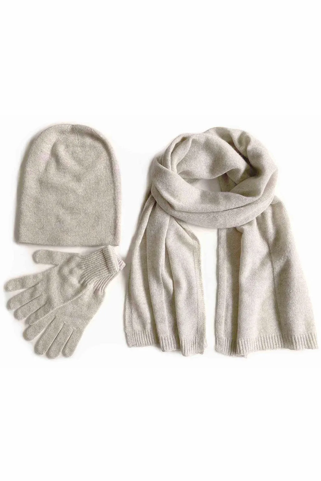 Cashmere hat, scarf and gloves set in oat