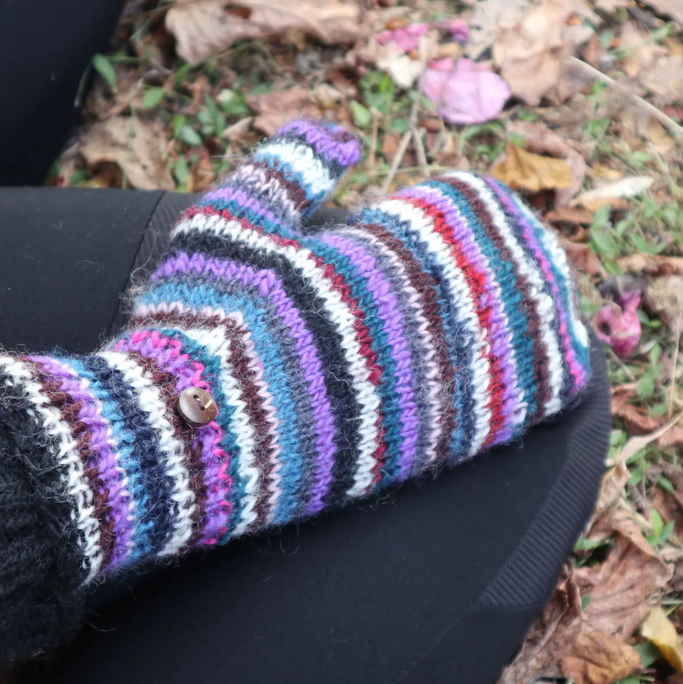 Fair Trade Ethical Adult Fingerless Gloves with Cap in Striped Brown Designs