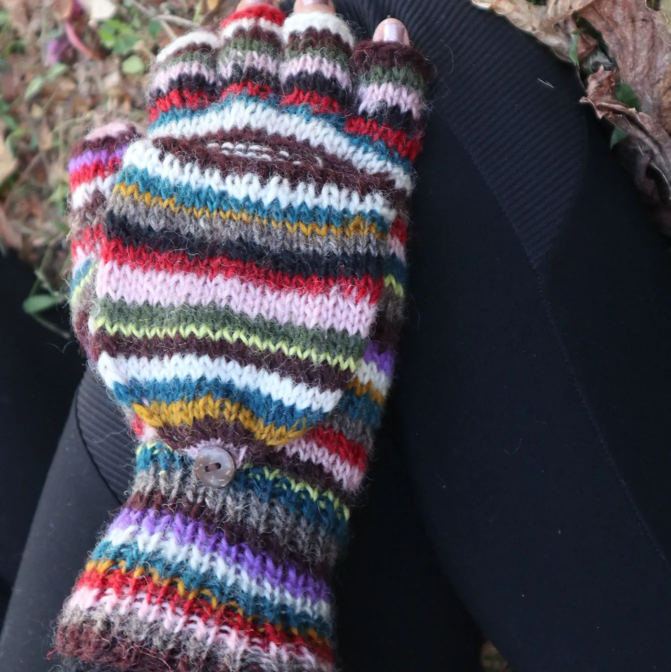 Fair Trade Ethical Adult Fingerless Gloves with Cap in Striped Brown Designs