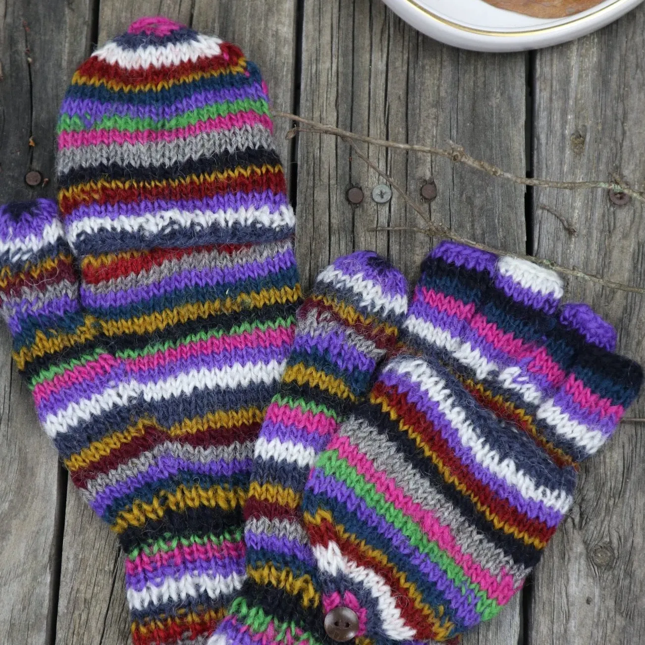 Fair Trade Ethical Adult Fingerless Gloves with Cap in Striped Brown Designs