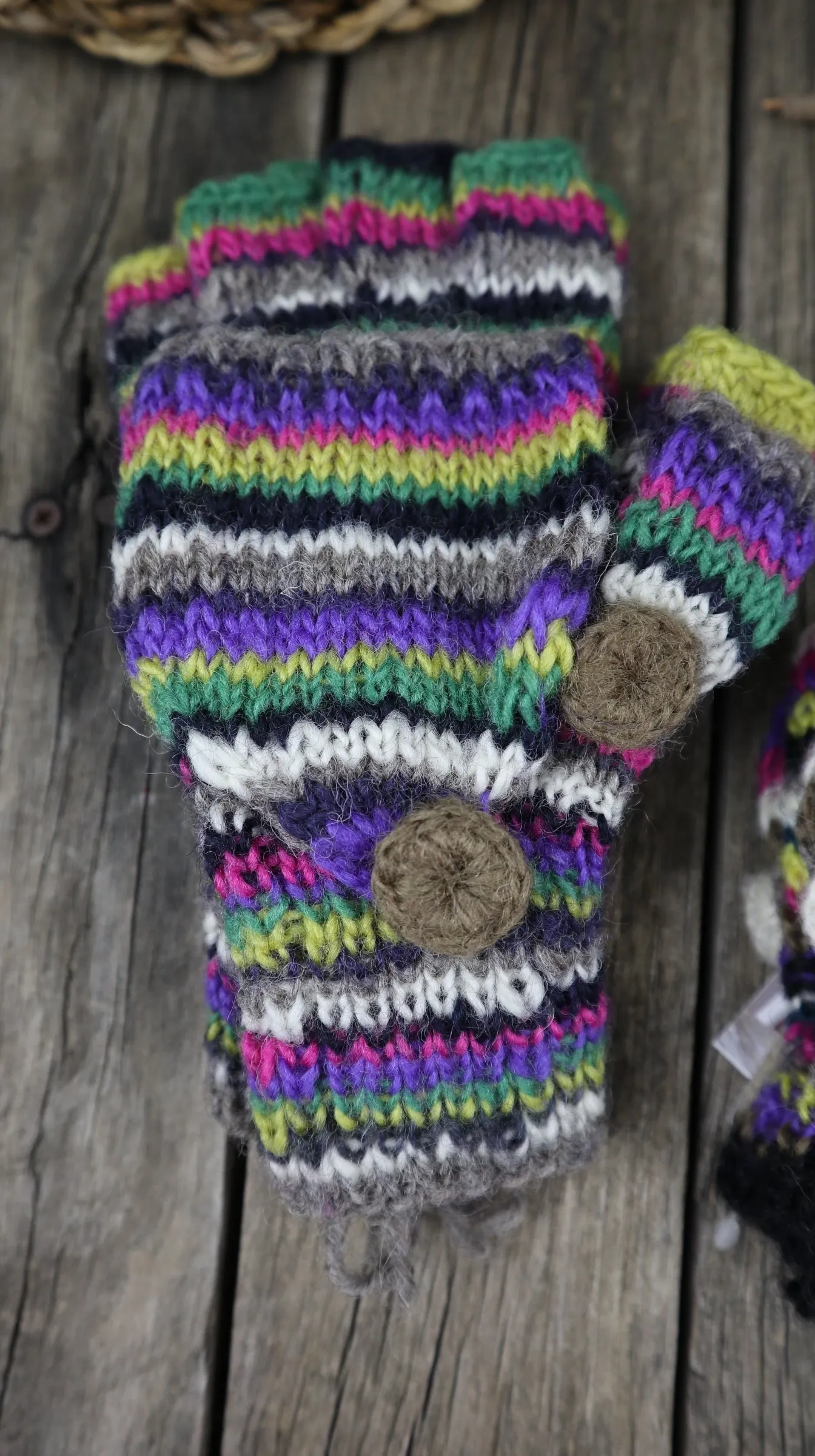 Fair Trade Ethical Children's Striped Fingerless Gloves with Cap in Pink, Purple, Yellow and Green