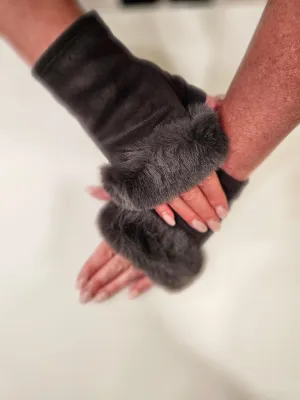 Faux suede velvet lined fingerless gloves with fur trim