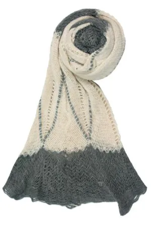 Hand Knit Convertible Scarf with Scalloped Edge in Cream-Grey