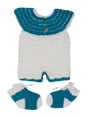 Handmade Graminarts Woolen Crochet Design Jumpsuit For New Born Baby Girl- White & Teal