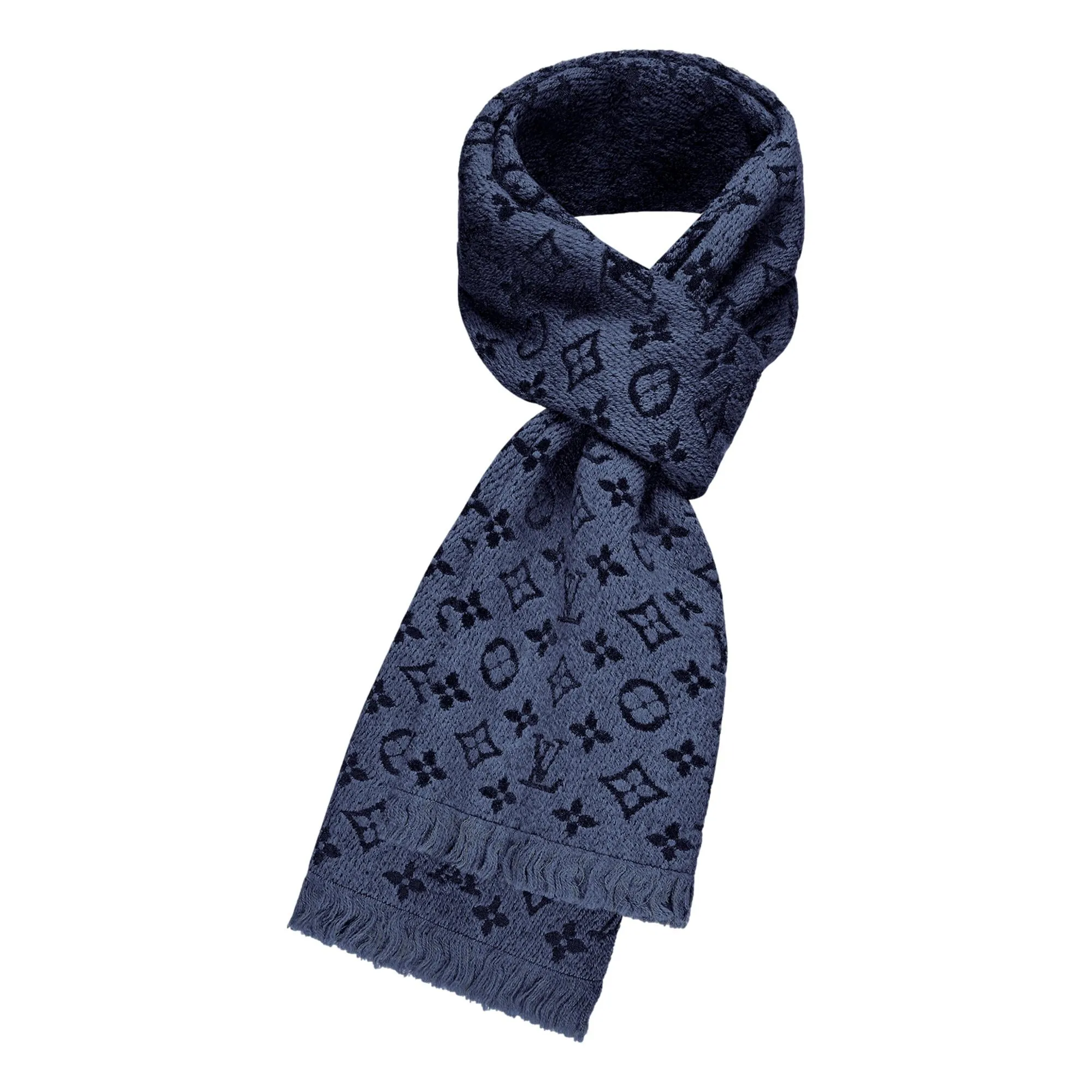 Louis Vuitton Classic Monogram Logo Navy Wool Fringe Scarf