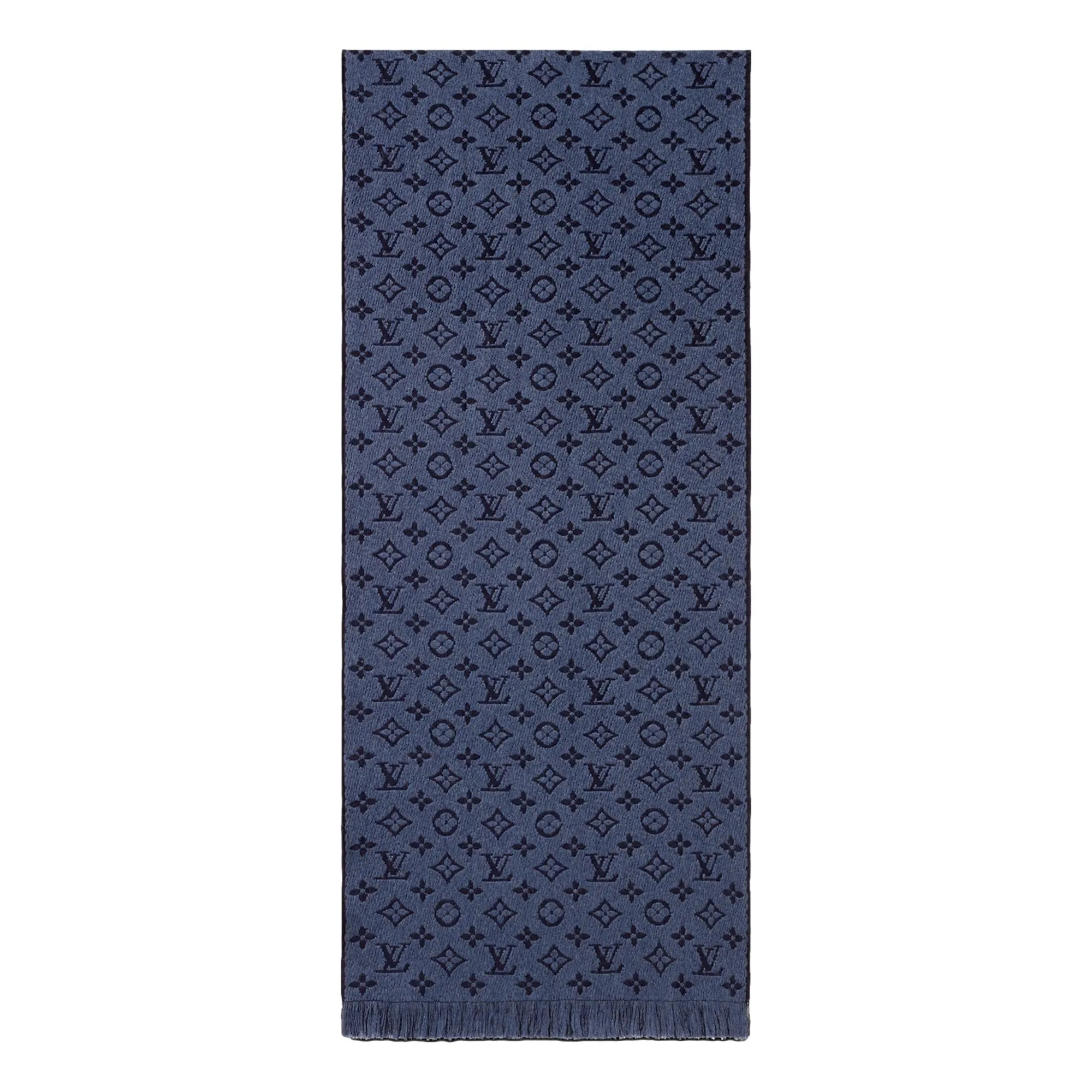 Louis Vuitton Classic Monogram Logo Navy Wool Fringe Scarf