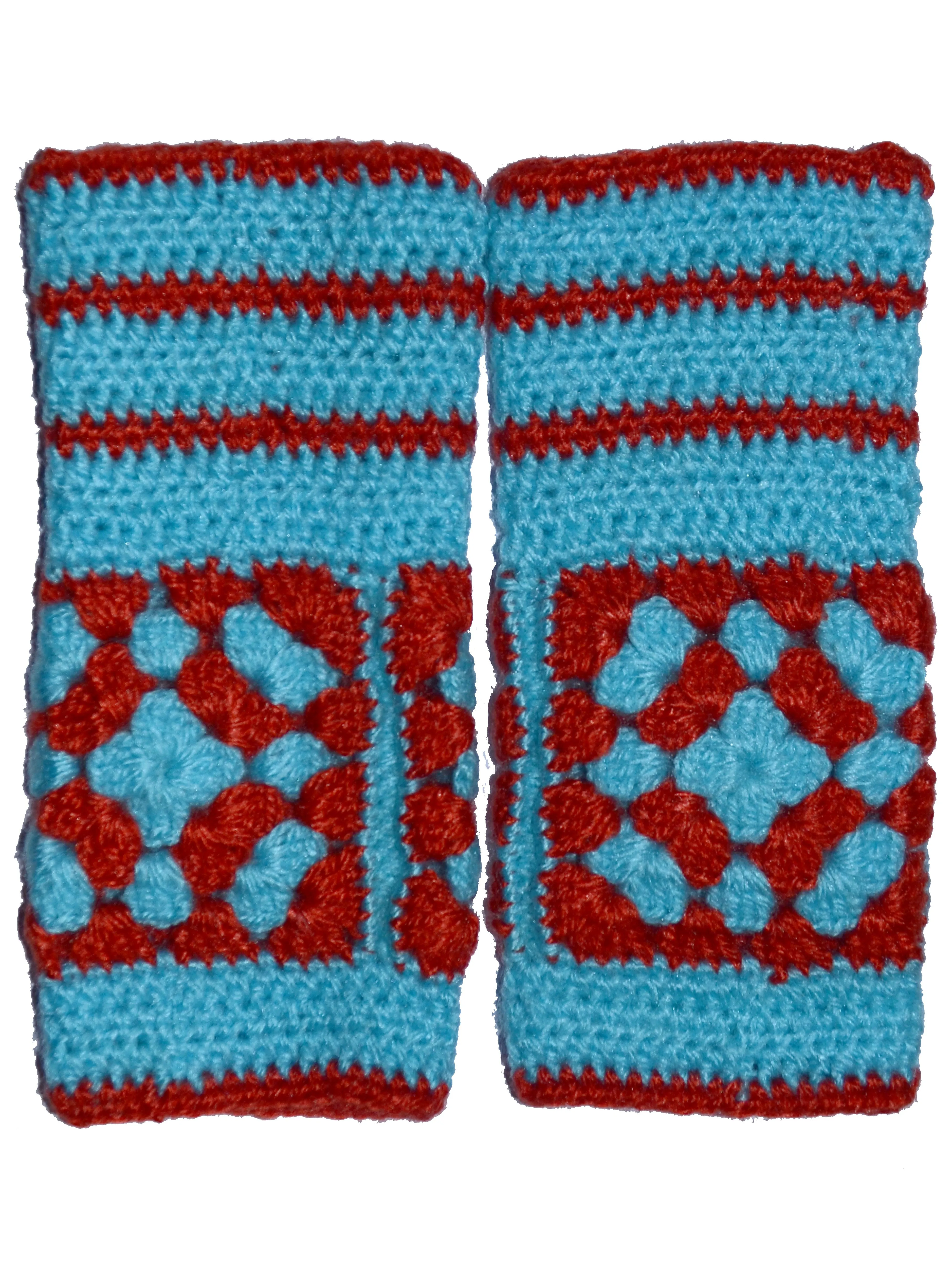 Unique and Beautiful Woollen Floral Design with Sky Blue And Red Handmade Fingerless Gloves