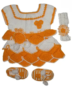 Unique Stylish Handmade Graminarts Designer Woonie Frock Set For Baby - White & Yellow