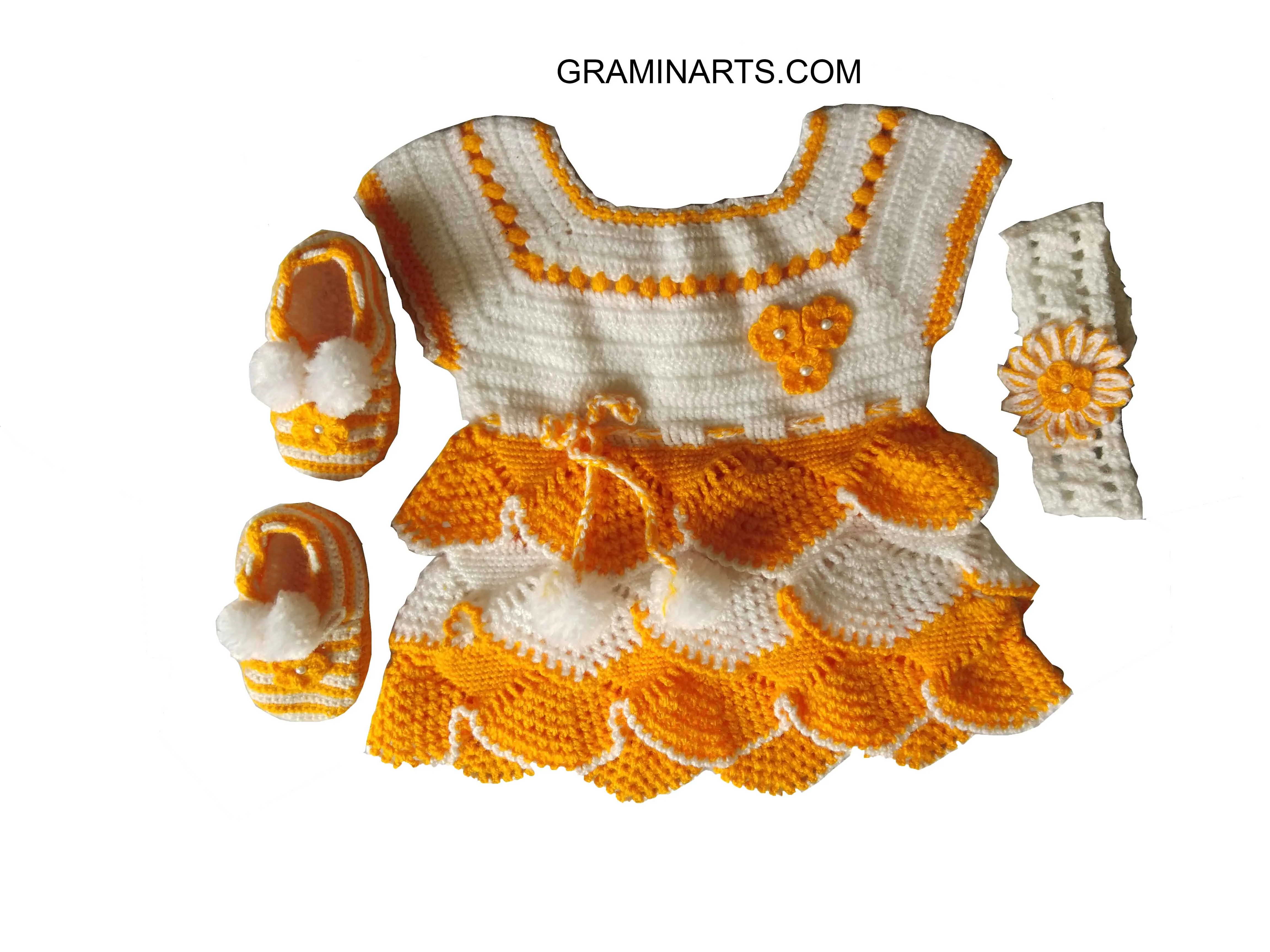 Unique Stylish Handmade Graminarts Designer Woonie Frock Set For Baby - White & Yellow