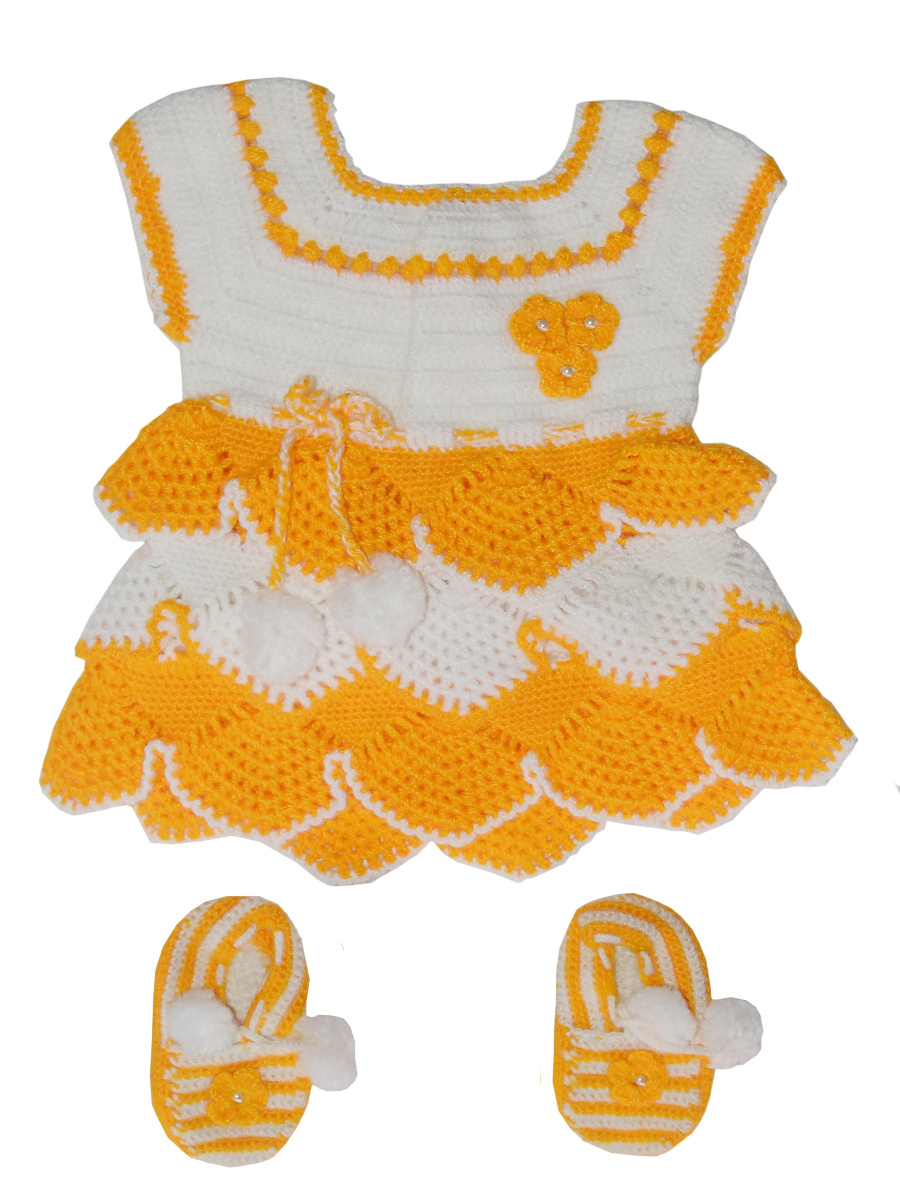 Unique Stylish Handmade Graminarts Designer Woonie Frock Set For Baby - White & Yellow