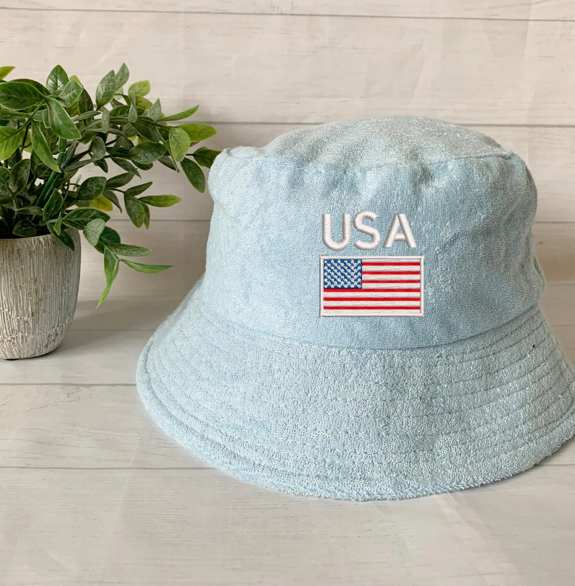 USA Flag/Map Embroidery Terry towel Bucket Hat ,Personalized USA Flag Bucket Hat, 4th of July Hat , Patriotic cap, Fourth of July, Add Name