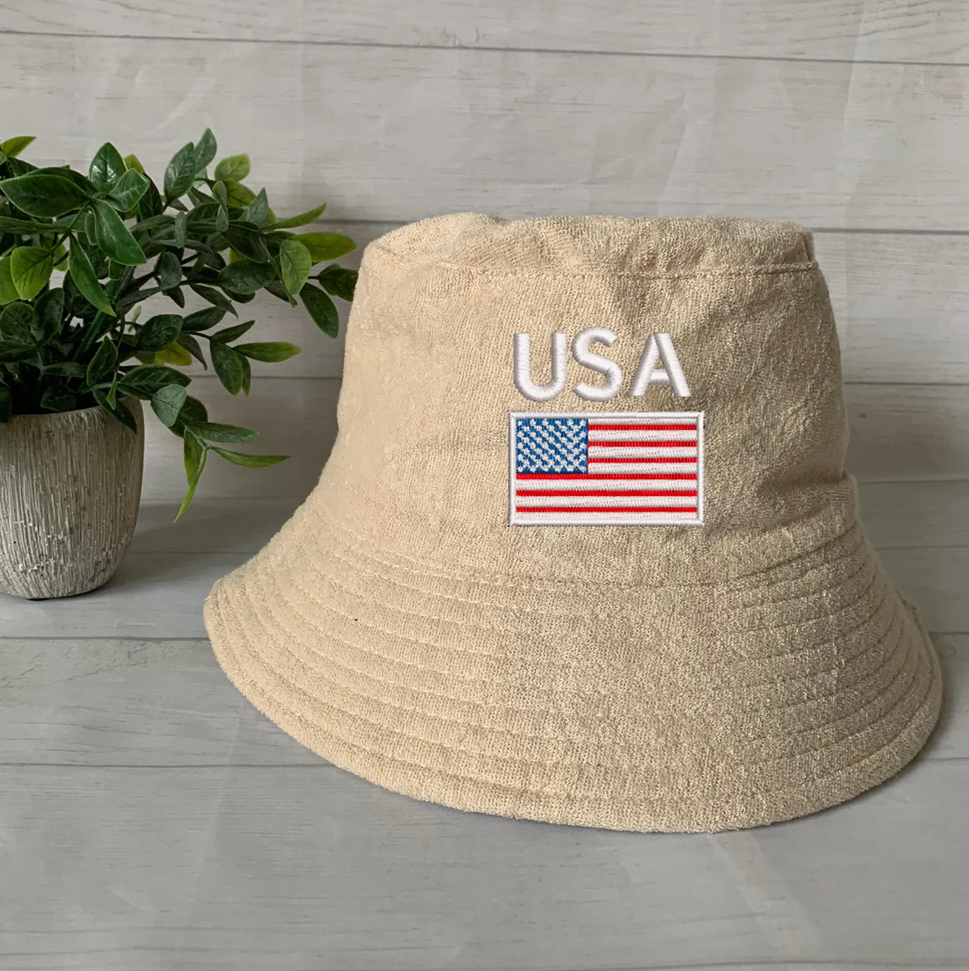 USA Flag/Map Embroidery Terry towel Bucket Hat ,Personalized USA Flag Bucket Hat, 4th of July Hat , Patriotic cap, Fourth of July, Add Name