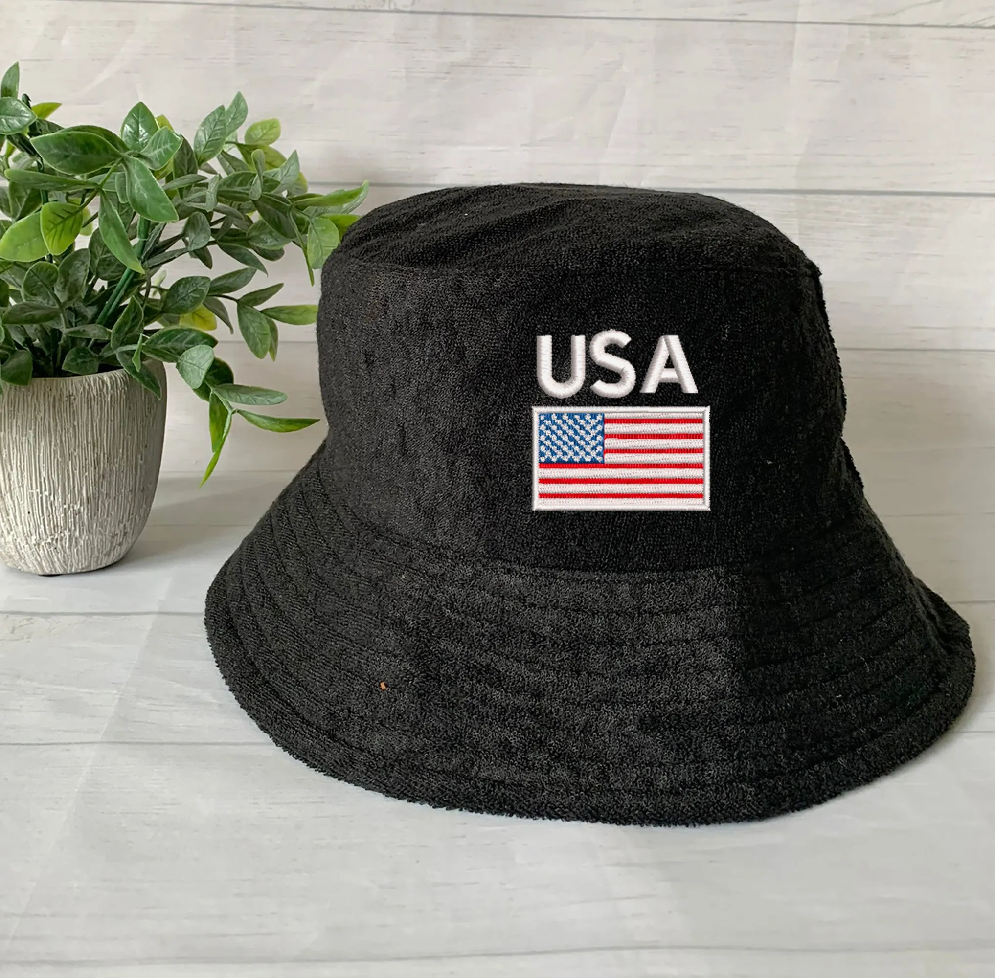 USA Flag/Map Embroidery Terry towel Bucket Hat ,Personalized USA Flag Bucket Hat, 4th of July Hat , Patriotic cap, Fourth of July, Add Name