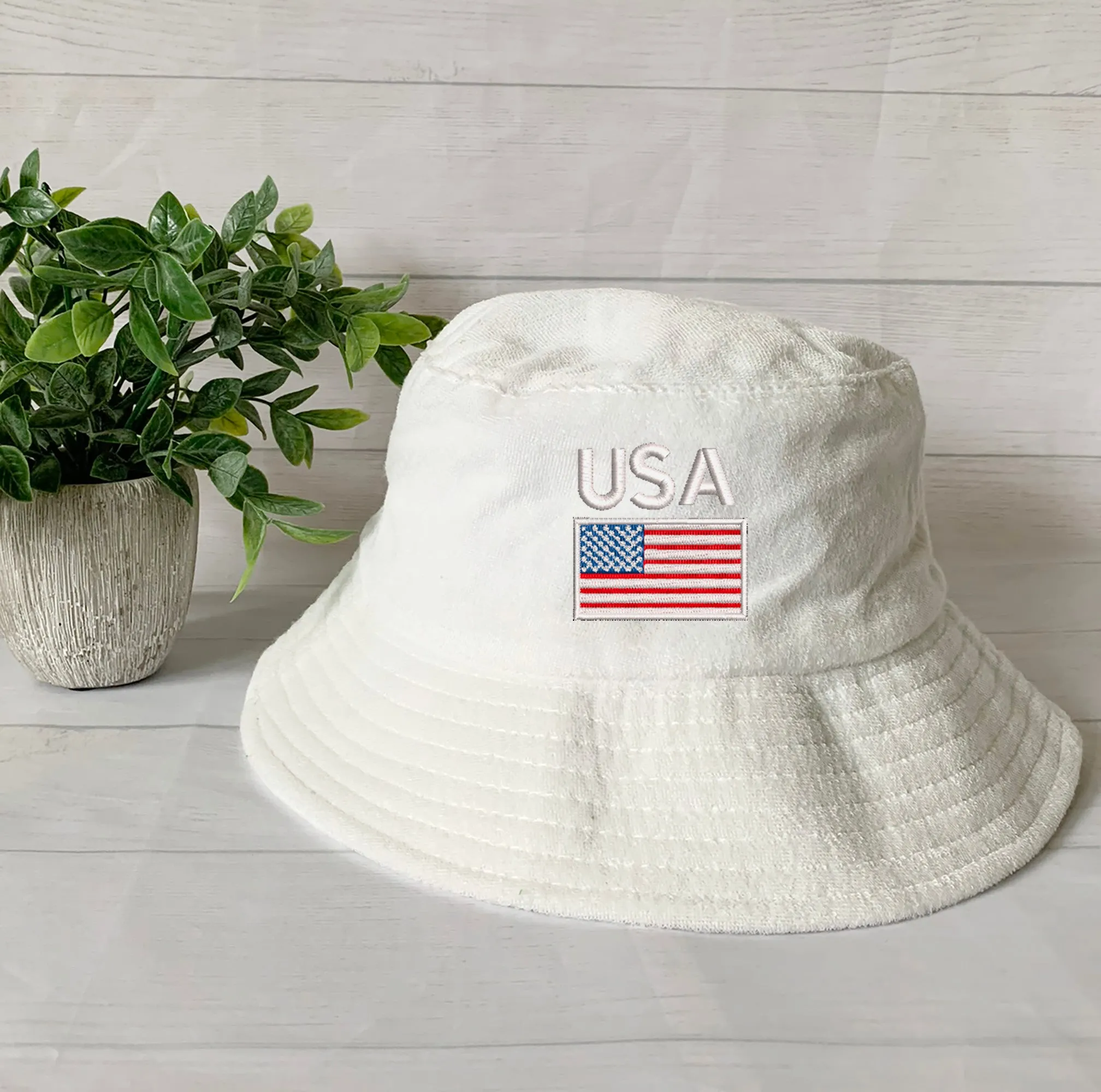 USA Flag/Map Embroidery Terry towel Bucket Hat ,Personalized USA Flag Bucket Hat, 4th of July Hat , Patriotic cap, Fourth of July, Add Name