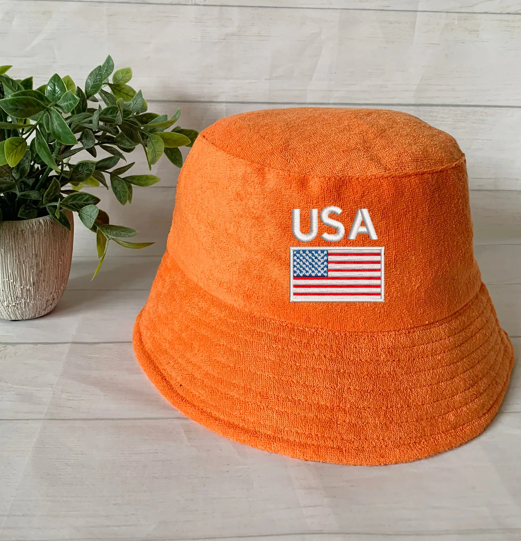 USA Flag/Map Embroidery Terry towel Bucket Hat ,Personalized USA Flag Bucket Hat, 4th of July Hat , Patriotic cap, Fourth of July, Add Name